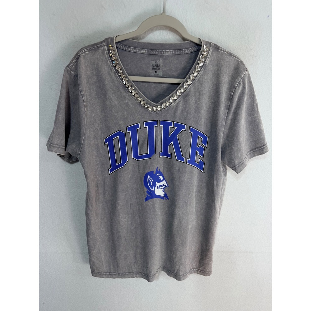 Duke Relaxed Jeweled Rhinestone V-Neck Tee Women's Med Grey Gameday Couture New